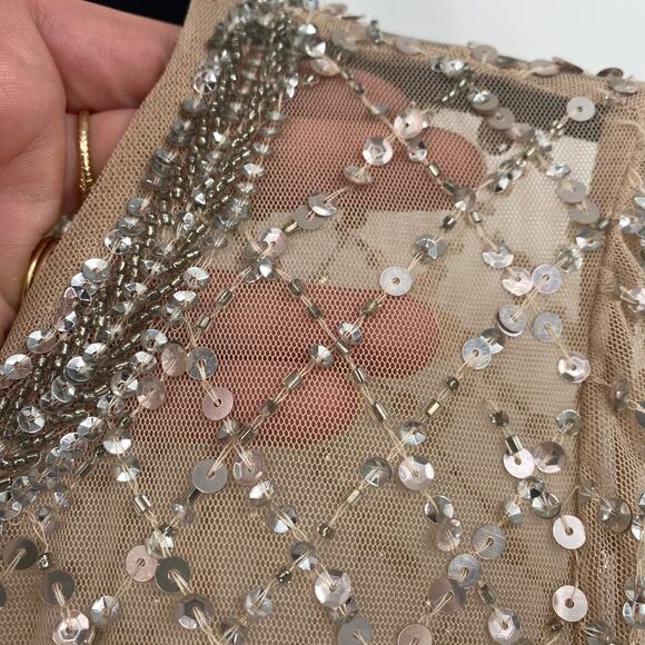 Adrianna Papell Gown Beaded Mesh Diamond Pattern Short Sleeve Champagne 6 Petite - Picture 5 of 16